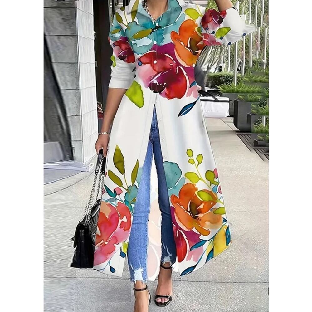 Floral Shirt Dress Women's Sz Large White Tie Dye Flowers Island Chic Coverup